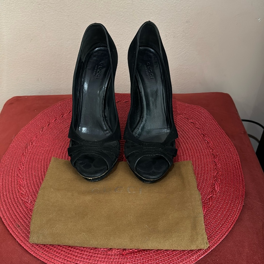 Gucci Platinum Bamboo Heels Leather Shoe Peep Toe Debra Nero Suede Italy